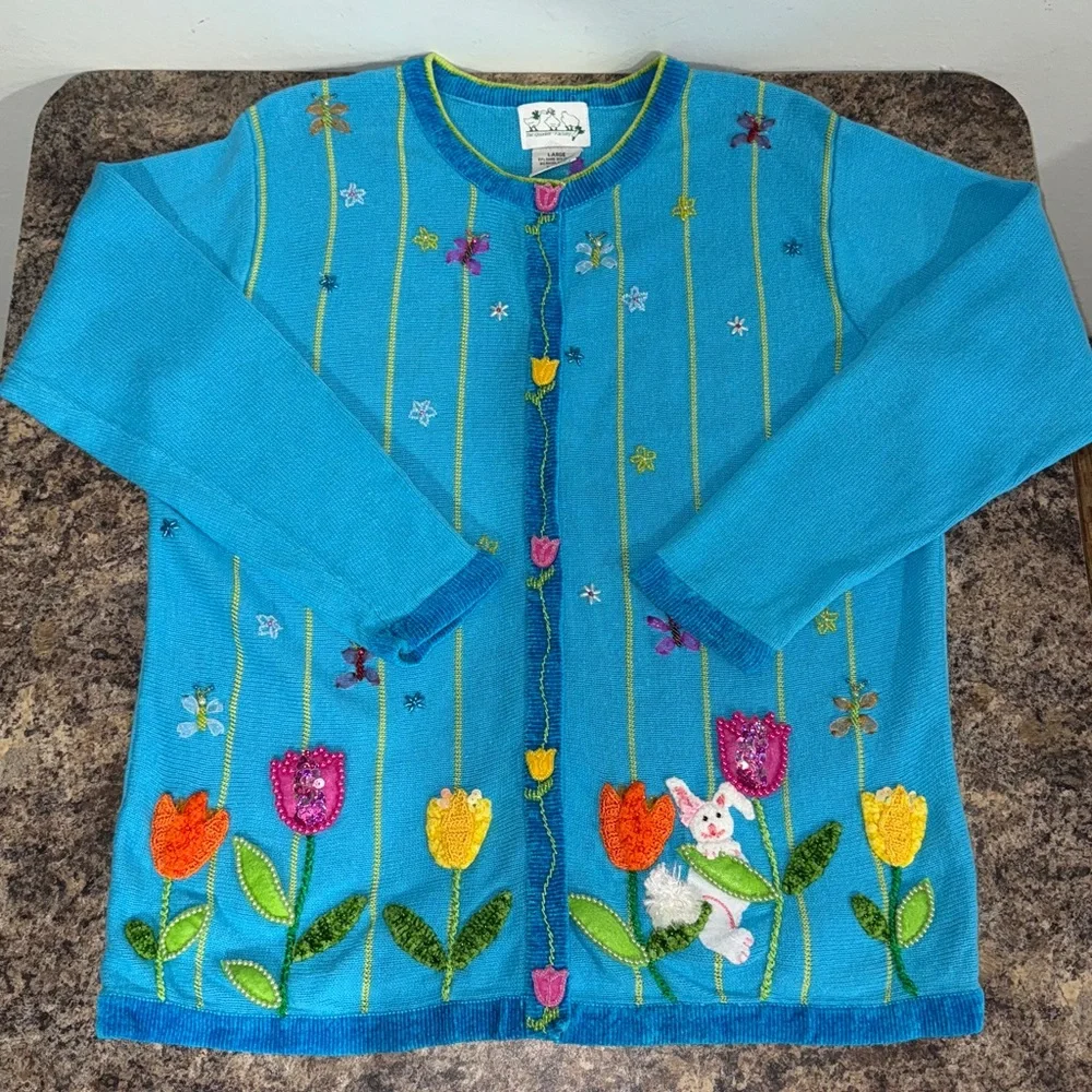 Vintage The Quaker Factory Blue Hand Embroidered Beaded Flowers Bunny Cardigan L - Picture 5 of 16